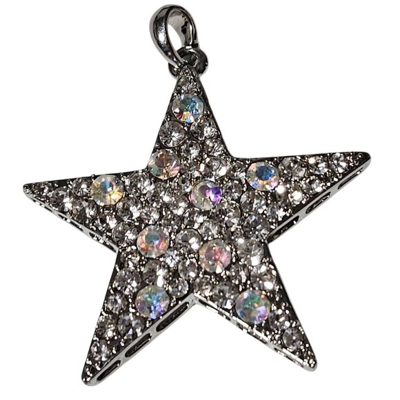 Retro Silver Star Pendant Iridescent Rhinestones 80s 90s Fashion Jewelry DIY - Picture 1 of 5